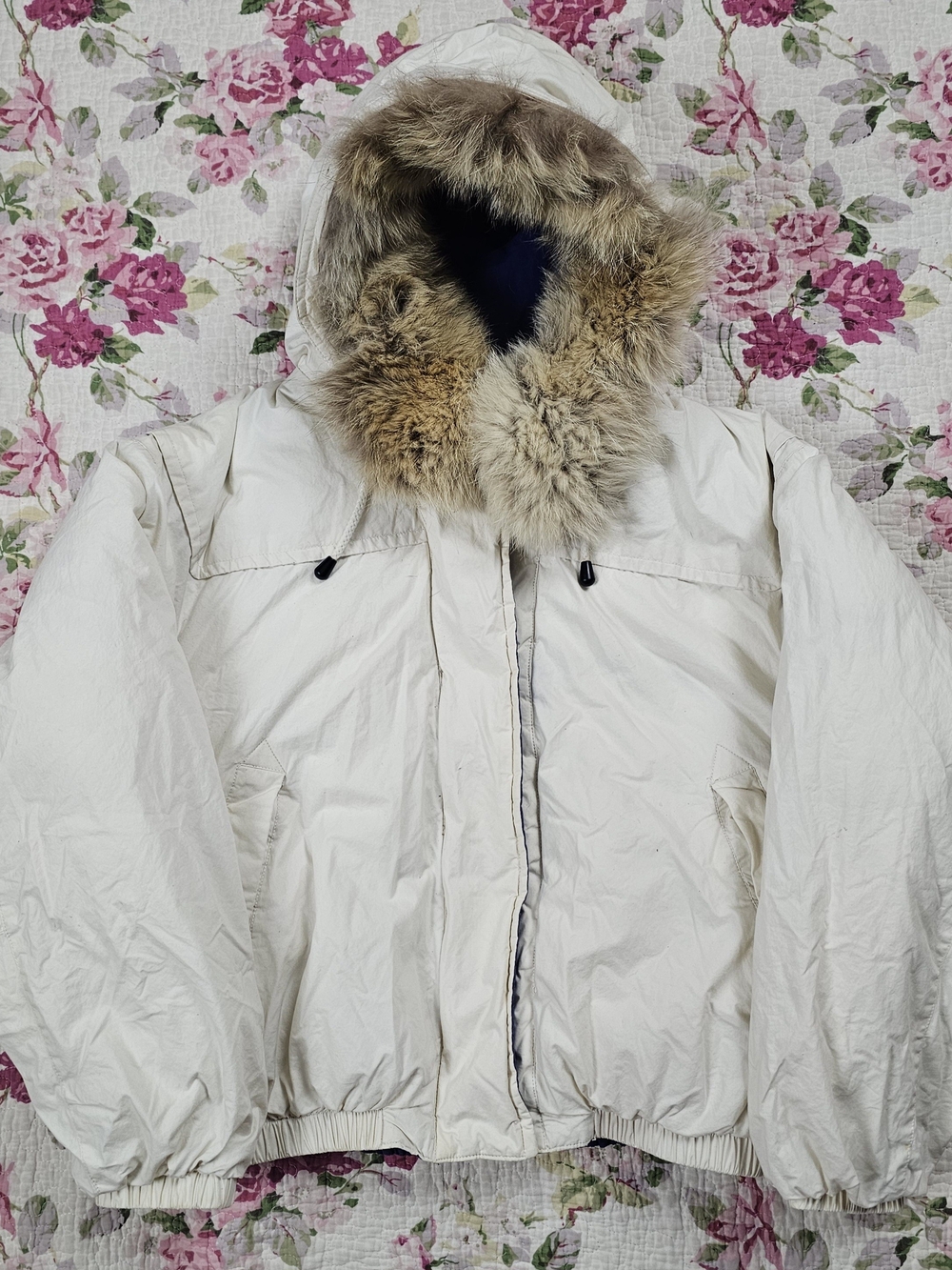 Men's White Hooded Parka Jacket with Fur Trim